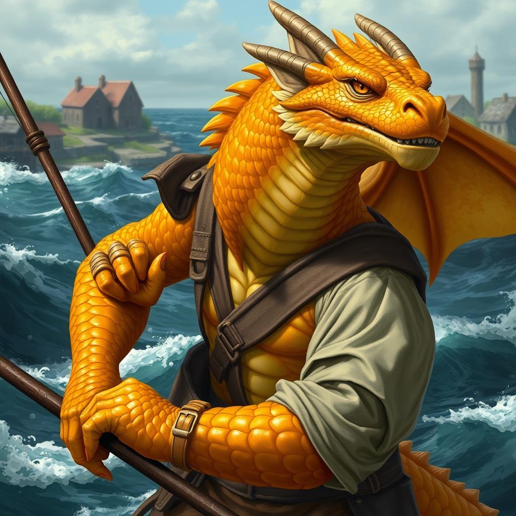 A formidable male topaz dragonborn depicted as a harpoon fisher in a Dungeons & Dragons fantasy setting