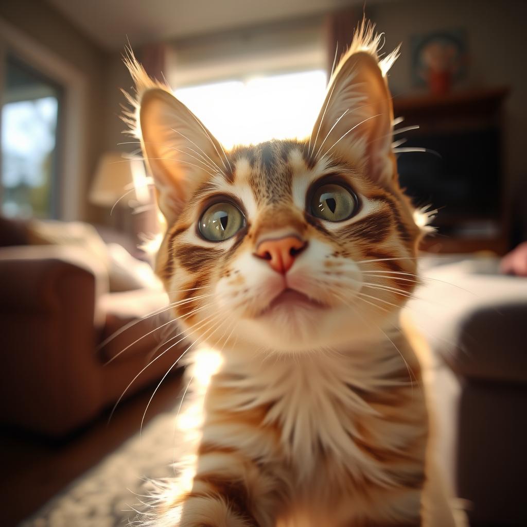 A close-up portrait of a cat with bright, sparkling eyes, and soft, fluffy fur