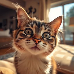 A close-up portrait of a cat with bright, sparkling eyes, and soft, fluffy fur