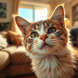 A close-up portrait of a cat with bright, sparkling eyes, and soft, fluffy fur