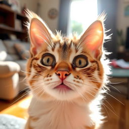 A close-up portrait of a cat with bright, sparkling eyes, and soft, fluffy fur