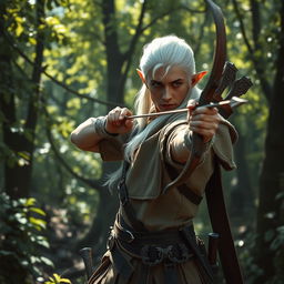 In a mystic forest, a white-haired elf scout man is expertly using a bow