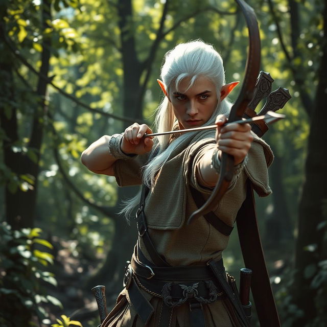 In a mystic forest, a white-haired elf scout man is expertly using a bow