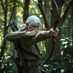 In a mystic forest, a white-haired elf scout man is expertly using a bow