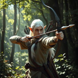 In a mystic forest, a white-haired elf scout man is expertly using a bow