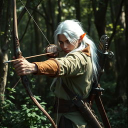 In a mystic forest, a white-haired elf scout man is expertly using a bow