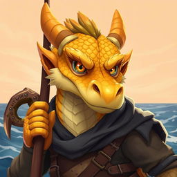 A digital art cartoon portrait of a male topaz dragonborn harpoon fisher, set within a Dungeons & Dragons fantasy world