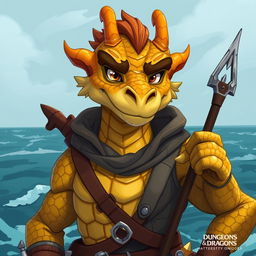 A digital art cartoon portrait of a male topaz dragonborn harpoon fisher, set within a Dungeons & Dragons fantasy world