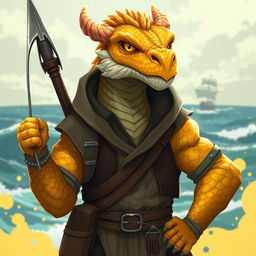 A digital art cartoon portrait of a male topaz dragonborn harpoon fisher, set within a Dungeons & Dragons fantasy world