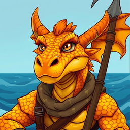 A digital art cartoon portrait of a male topaz dragonborn harpoon fisher, set within a Dungeons & Dragons fantasy world