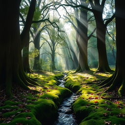 A tranquil forest scene with tall oak trees, beams of sunlight breaking through the canopy, casting dappled shadows on the forest floor