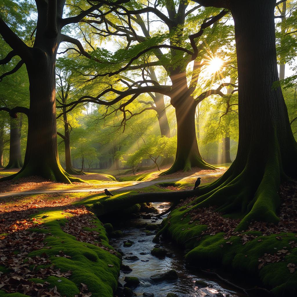 A tranquil forest scene with tall oak trees, beams of sunlight breaking through the canopy, casting dappled shadows on the forest floor