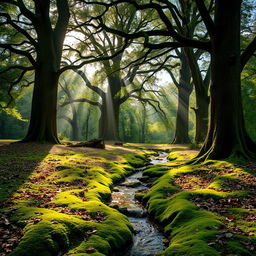 A tranquil forest scene with tall oak trees, beams of sunlight breaking through the canopy, casting dappled shadows on the forest floor