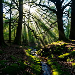 A tranquil forest scene with tall oak trees, beams of sunlight breaking through the canopy, casting dappled shadows on the forest floor