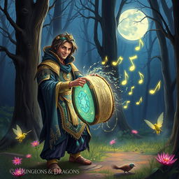 A mystical illustration of a Dungeons & Dragons scene featuring a captivating bard playing an enchanted drum