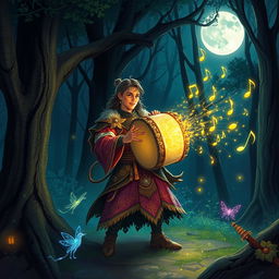 A mystical illustration of a Dungeons & Dragons scene featuring a captivating bard playing an enchanted drum