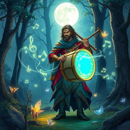 A mystical illustration of a Dungeons & Dragons scene featuring a captivating bard playing an enchanted drum