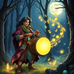 A mystical illustration of a Dungeons & Dragons scene featuring a captivating bard playing an enchanted drum