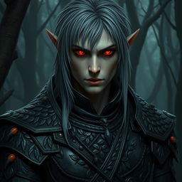 A dark elf druid with striking gray hair falling softly around his shoulders, and piercing red eyes that glow with intensity