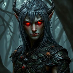 A dark elf druid with striking gray hair falling softly around his shoulders, and piercing red eyes that glow with intensity