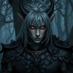 A dark elf druid with striking gray hair falling softly around his shoulders, and piercing red eyes that glow with intensity