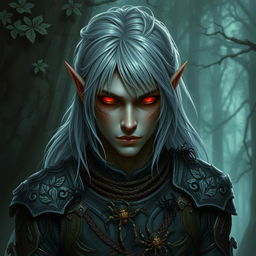 A dark elf druid with striking gray hair falling softly around his shoulders, and piercing red eyes that glow with intensity