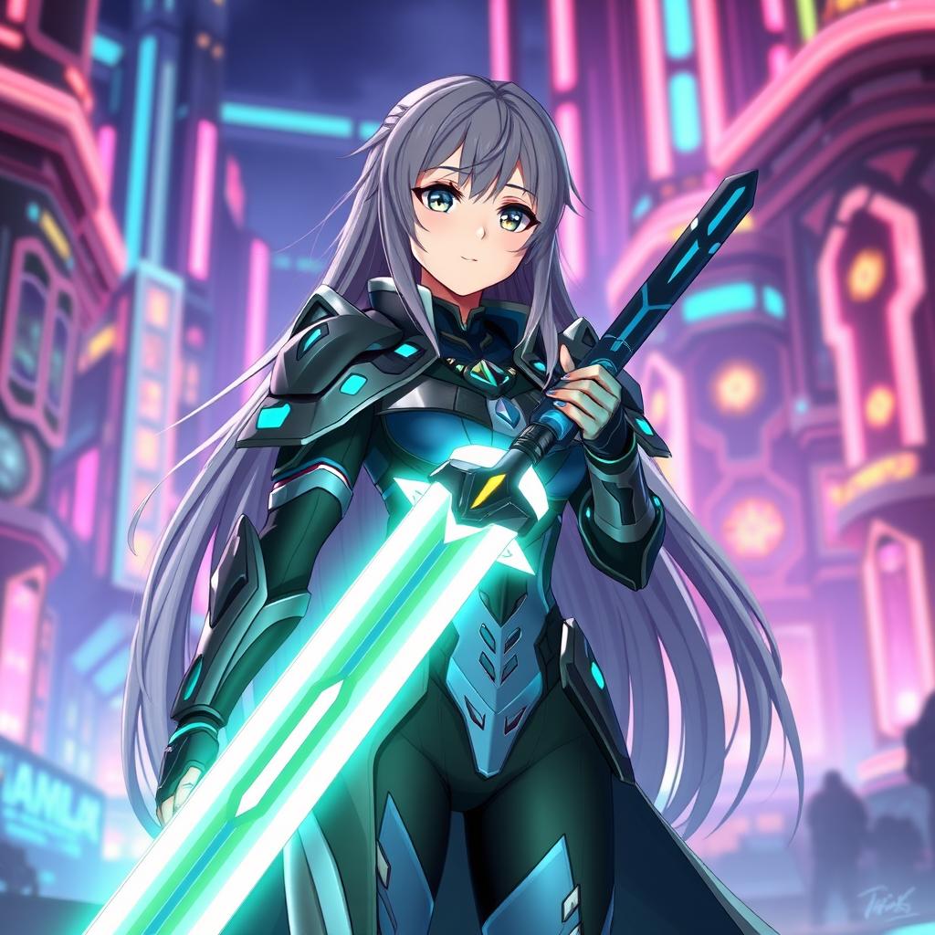 Quentilla from Sword Art Online, wearing her iconic high-tech armor and holding a radiant energy sword