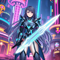 Quentilla from Sword Art Online, wearing her iconic high-tech armor and holding a radiant energy sword