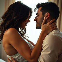 A sensual and intimate scene featuring a passionate couple in an embrace, highlighting their connection and desire