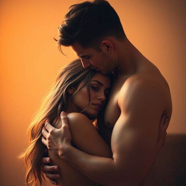 A sensual and intimate scene featuring a passionate couple in an embrace, highlighting their connection and desire