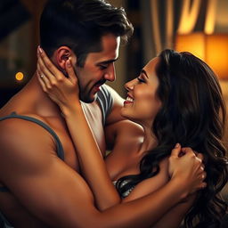 A sensual and intimate scene featuring a passionate couple in an embrace, highlighting their connection and desire