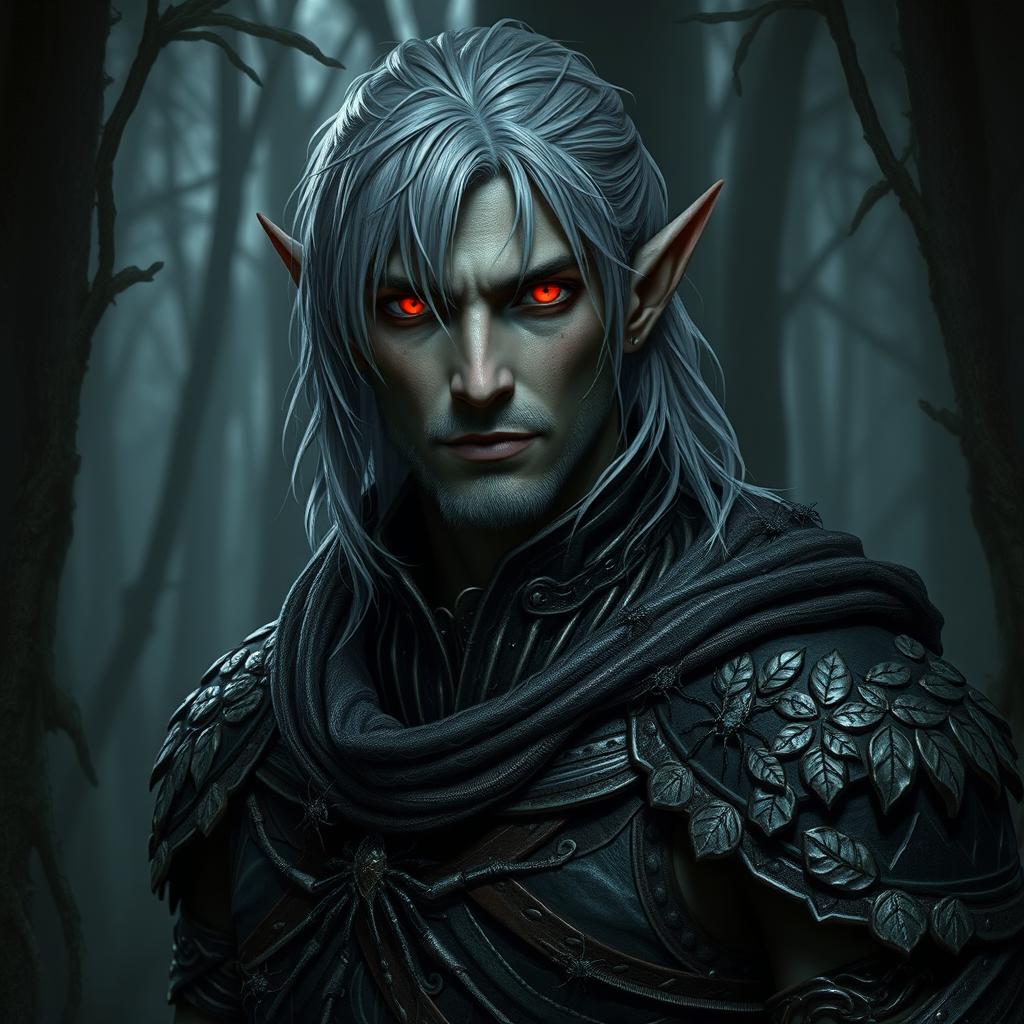 A male dark elf druid with striking gray hair falling softly around his shoulders, and piercing red eyes that glow with intensity