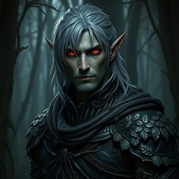 A male dark elf druid with striking gray hair falling softly around his shoulders, and piercing red eyes that glow with intensity