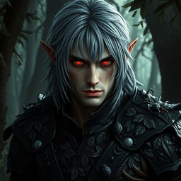 A male dark elf druid with striking gray hair falling softly around his shoulders, and piercing red eyes that glow with intensity