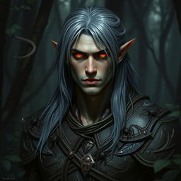 A male dark elf druid with striking gray hair falling softly around his shoulders, and piercing red eyes that glow with intensity