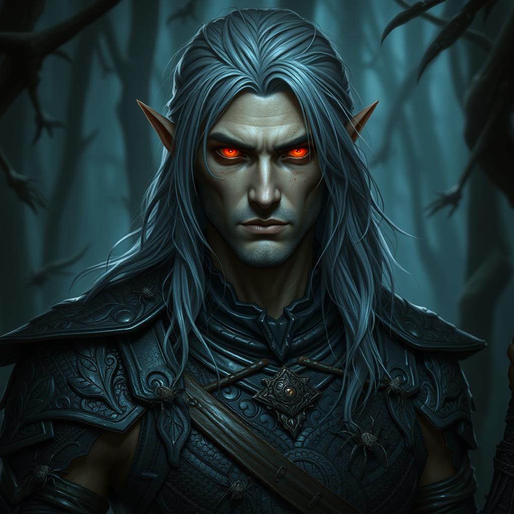 A male dark elf druid with striking gray hair falling softly around his shoulders, and piercing red eyes that glow with intensity