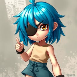 A unique character with striking blue hair, styled in an imaginative and attention-grabbing way