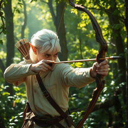 In an enchanting forest setting, a white-haired elf scout man is elegantly using a bow