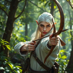 In an enchanting forest setting, a white-haired elf scout man is elegantly using a bow