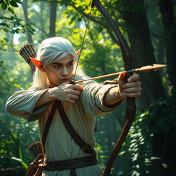 In an enchanting forest setting, a white-haired elf scout man is elegantly using a bow