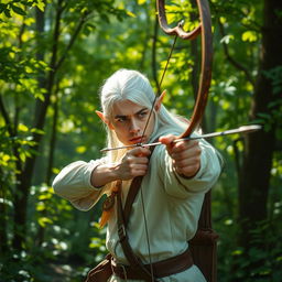 In an enchanting forest setting, a white-haired elf scout man is elegantly using a bow