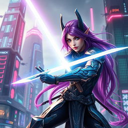 A purple-haired elven cyber warrior duel, set in a futuristic neon-lit cityscape