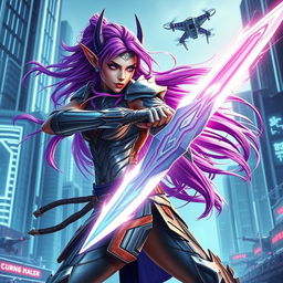 A purple-haired elven cyber warrior duel, set in a futuristic neon-lit cityscape