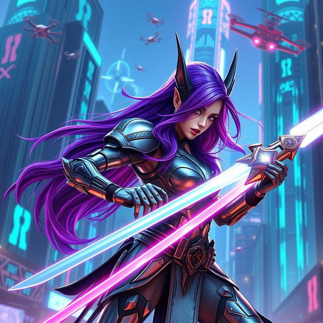 A purple-haired elven cyber warrior duel, set in a futuristic neon-lit cityscape