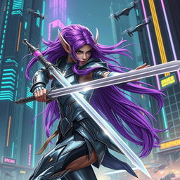 A purple-haired elven cyber warrior duel, set in a futuristic neon-lit cityscape