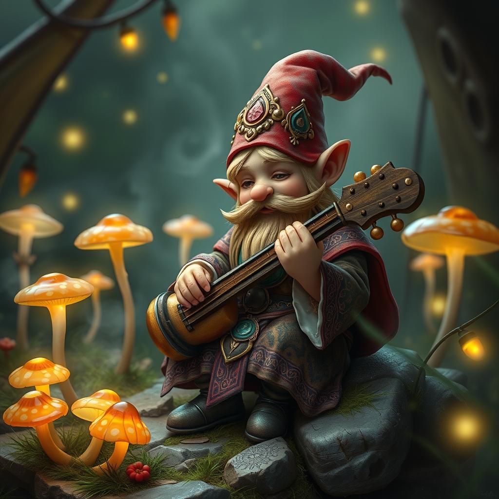 A whimsical D&D gnome, small yet full of character, expertly playing a rolling orphica in a mystical, magical glade