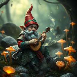 A whimsical D&D gnome, small yet full of character, expertly playing a rolling orphica in a mystical, magical glade