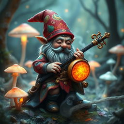 A whimsical D&D gnome, small yet full of character, expertly playing a rolling orphica in a mystical, magical glade