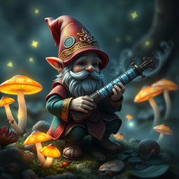 A whimsical D&D gnome, small yet full of character, expertly playing a rolling orphica in a mystical, magical glade