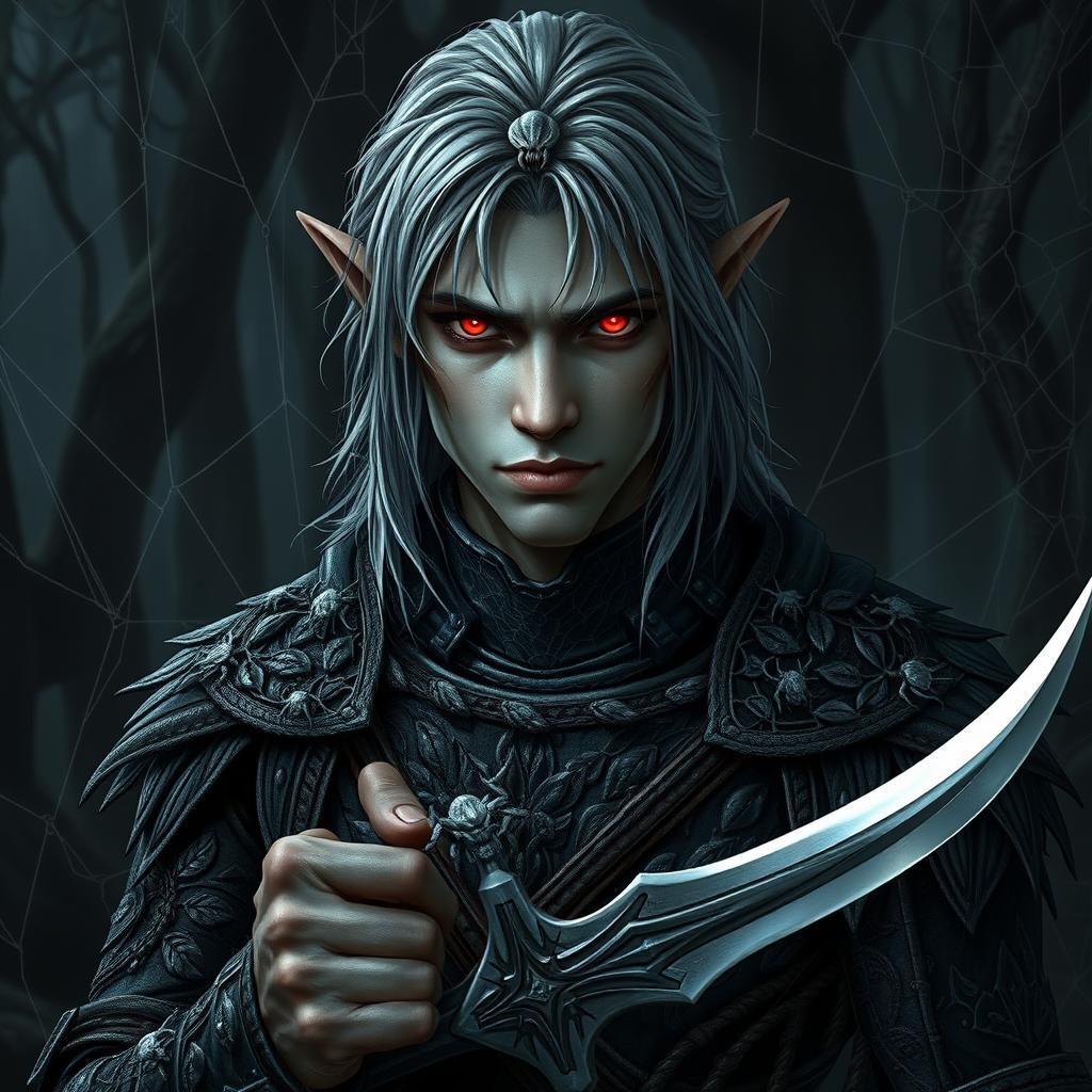 A male dark elf druid with striking gray hair falling softly around his shoulders, and piercing red eyes that glow with intensity